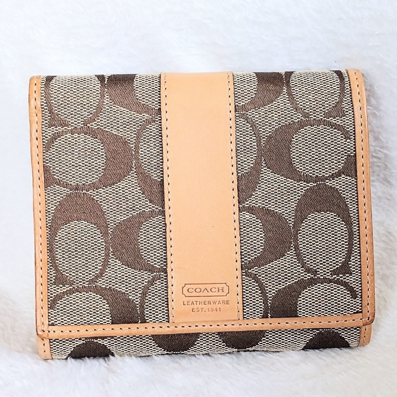 😍 Vintage Y2K Coach Hampton Khaki Signature Stripe Compact Clutch Wallet - Picture 2 of 12